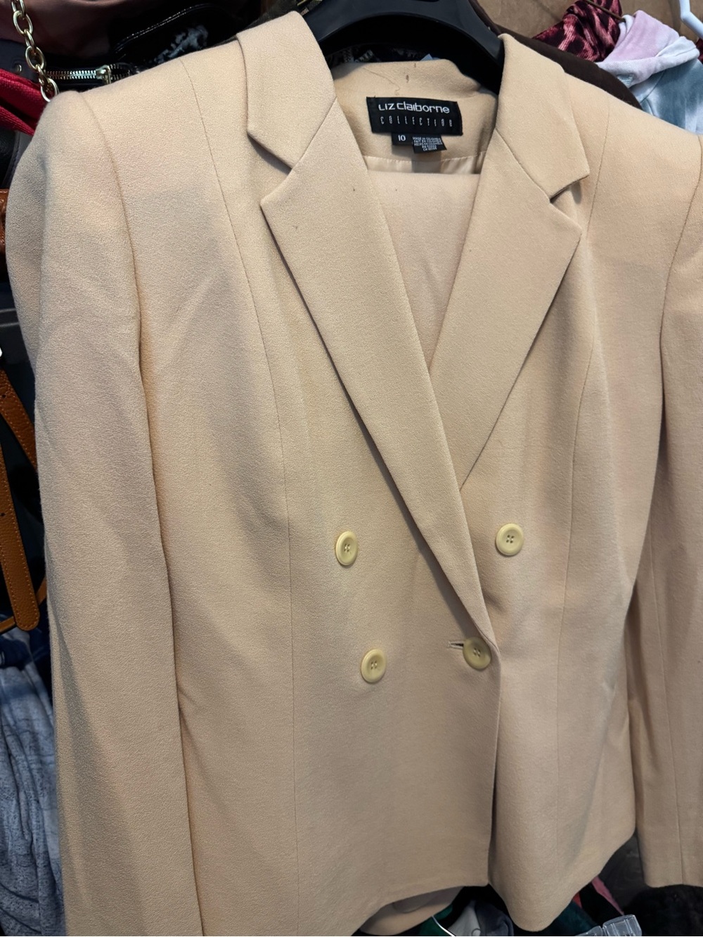 Liz Claiborne Beige Double-Breasted Blazer, lined matching skirt and pants.